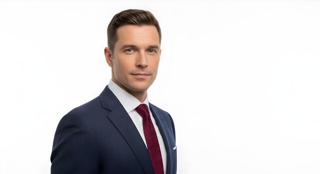 Confident Business Professional in Dark Suit with Red Tie Posing Against White Background photo