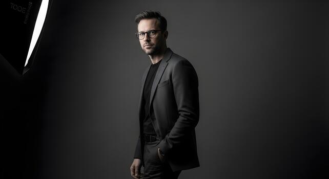 Confident Businessman in Dark Suit Posing in Studio Setting with Dramatic Lighting photo