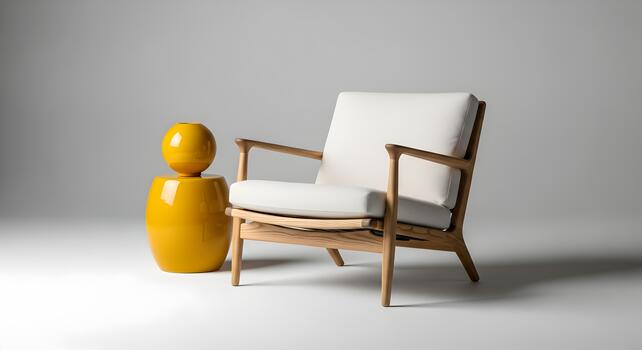 Elegant Scandinavian style armchair with wooden frame and yellow side table on grey background studio shot photo