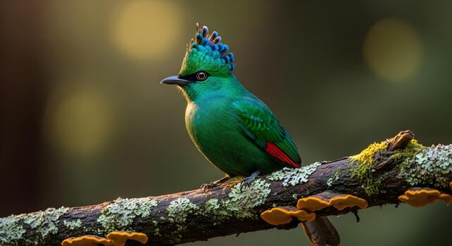 Exotic green bird with vibrant blue crest perched on a lichen covered branch looking left photo
