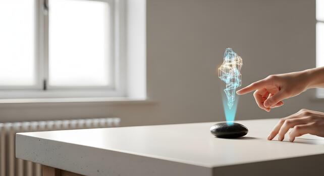 Futuristic technology concept with person interacting with hologram display on a counter surface photo