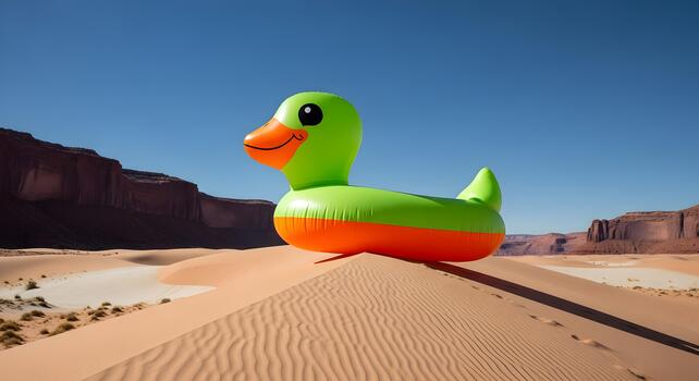 Giant inflatable duck on a sand dune in a desert landscape under a clear blue sky photo