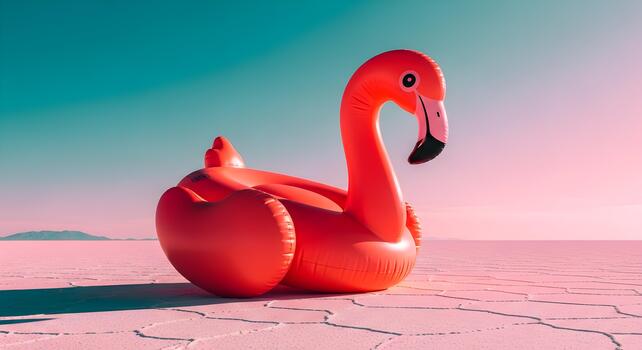 Inflatable flamingo on a vast cracked salt flat evokes summer vibes and playful relaxation photo