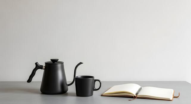 Minimalist Coffee Brewing Setup with Kettle Mug and Open Notebook on Tabletop photo