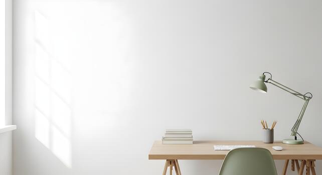 Minimalist Home Office Setup with Desk Lamp Books and Green Chair Ideal for Studying photo