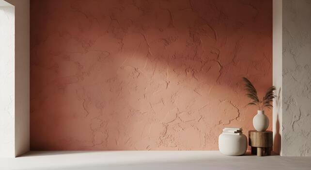 Minimalist interior design with textured terracotta wall and decorative elements casting soft shadows a warm and inviting ambiance photo