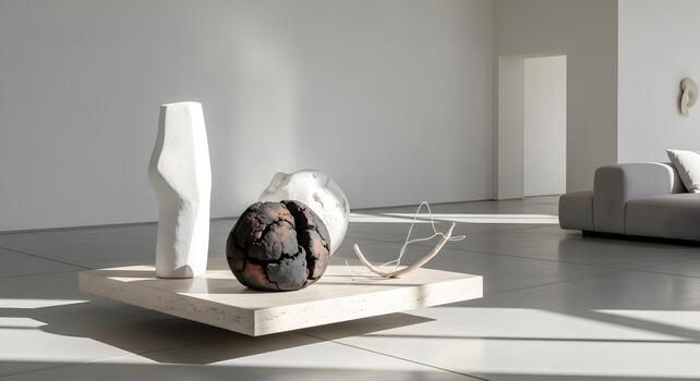 Minimalist Modern Interior Design with Sculptural Ceramic Objects on Marble Table in Sunlight photo