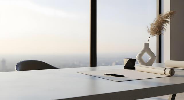 Minimalist office space with a view of the city skyline bringing calmness and serenity to the workspace photo