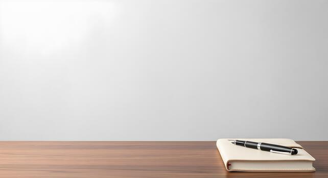 Minimalist Workspace Scene with Notebook and Pen on Wooden Desk against Gray Background photo