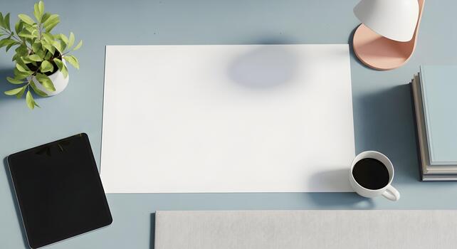 Minimalist Workspace Mockup with Blank Paper Tablet Plant and Coffee Cup for Design Presentation photo