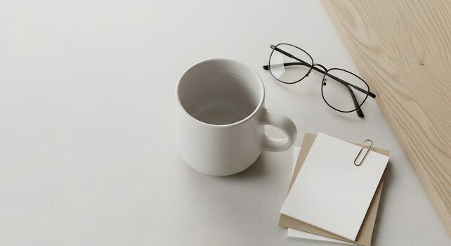 Minimalist workspace with coffee mug eyeglasses and notepad conveying a sense of calm and focus photo