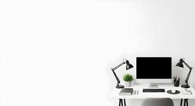 Modern and minimalist home office setup with white desk computer and lamps ideal workspace photo