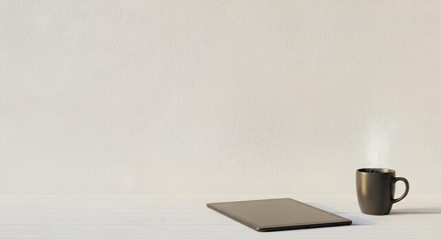 Minimalist Workspace with Tablet and Steaming Coffee Cup Promoting Focus and Productivity photo