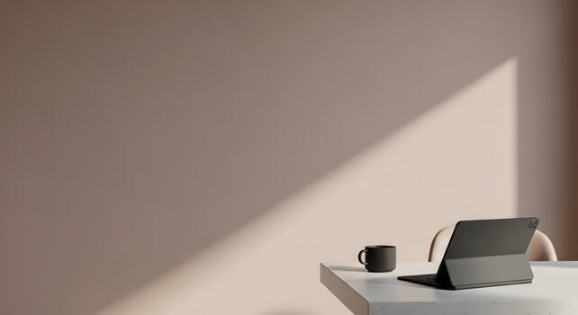 Minimalist Workspace with Tablet Coffee Cup and Natural Light for Product Mockups photo