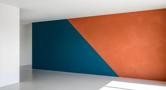 Modern interior design featuring orange and teal wall with geometric pattern in empty room space photo