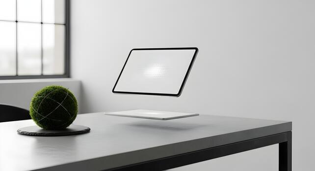 Modern office desk setup with floating tablet screen and green moss ball decoration photo