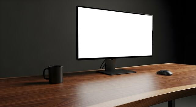 Modern office setup with blank white computer screen on wooden desk and black mug photo
