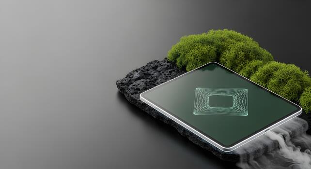 Modern Tablet Display on Natural Rock Surface with Moss and Abstract Green Graphics Technology Concept photo