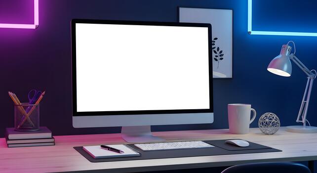 Modern Workplace with Computer Mockup Blank Screen Desk Lamp and Office Accessories photo