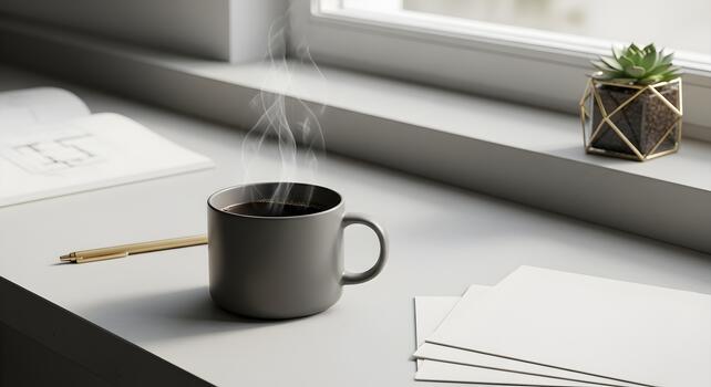 Morning Coffee Break Near Window with Paperwork and Succulent Minimalist Workspace photo