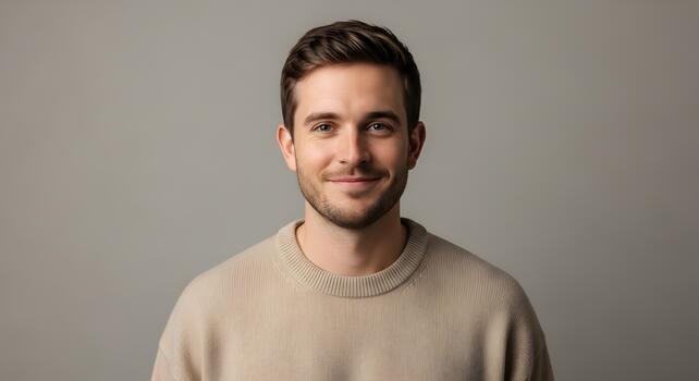 Portrait of a confident young man with a warm smile in a studio setting photo