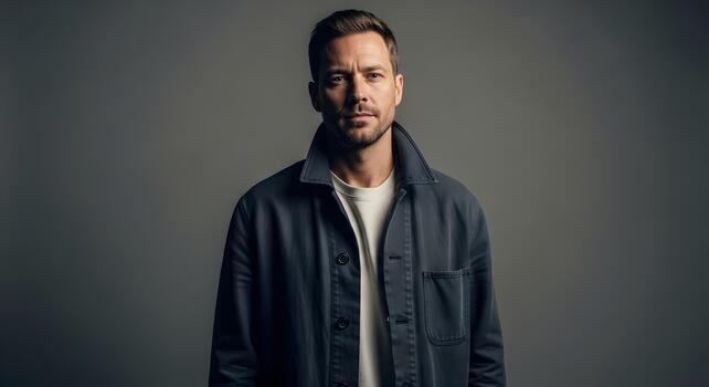 Portrait of a handsome confident man in a relaxed pose against a neutral backdrop looking at the camera photo