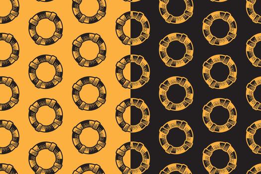 Lifebuoy rescue engraving seamless pattern on yellow black background set for merchandise. Flotation ring with cross strap line art doodle pattern background. Safety buoy cork hatching motif wallpaper vector