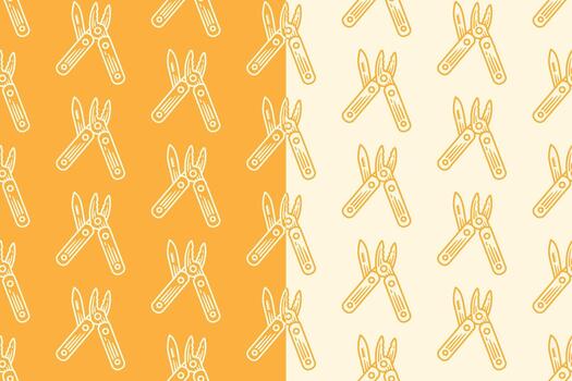 Multitool line art seamless pattern on blue beige background for adventure merchandise. Multi folding tool engraving doodle pattern background. Pocket tools illustration hatching motif wallpaper vector