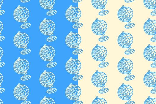 Earth globe model engraving seamless pattern on blue beige background set for adventure merchandise. World sphere line art doodle pattern background. Terrestrial map globe hatching motif wallpaper vector