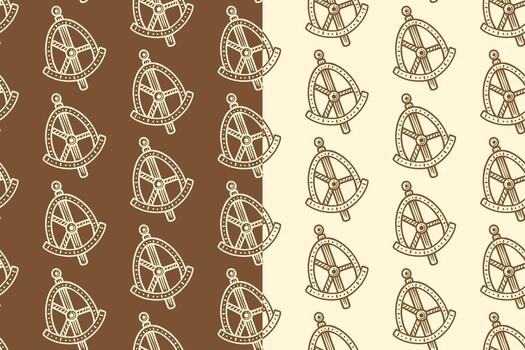 Celestial astrolabe engraving seamless pattern on tan beige background set for merchandise. Compass and directional line art doodle pattern background. Maritime navigation hatching motif wallpaper vector