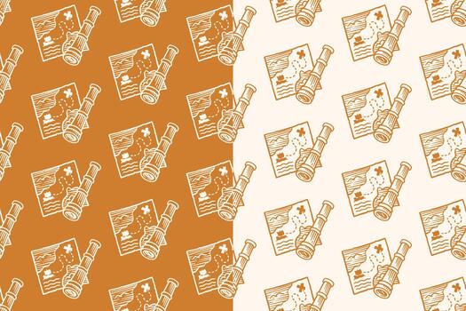 Binoculars and treasure map hand drawn seamless pattern on tan beige background for adventure merchandise. Navigation map and glasses engraving doodle pattern background for explore and survival vector