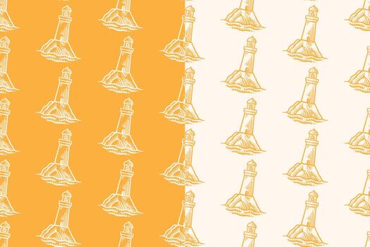 Beacon tower hand drawn seamless pattern on yellow beige background for marine and nautical merchandise. Lighthouse engraving doodle pattern background. Shore lighthouse hatching motif wallpaper vector