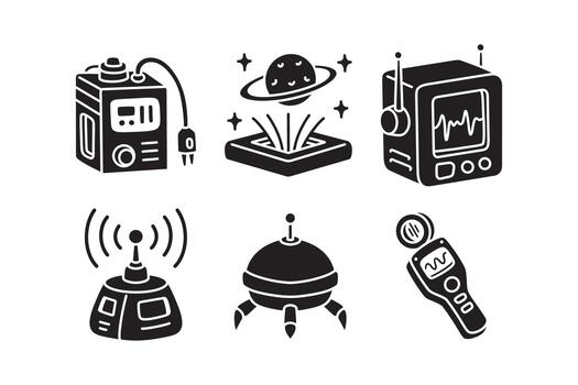Space charger unit, holographic, monitor, transmitter, robot, scanner silhouette icon set for astronaut. Sci fi tech gadget solid element design pack. Cosmic futuristic equipment glyph symbol bundle vector
