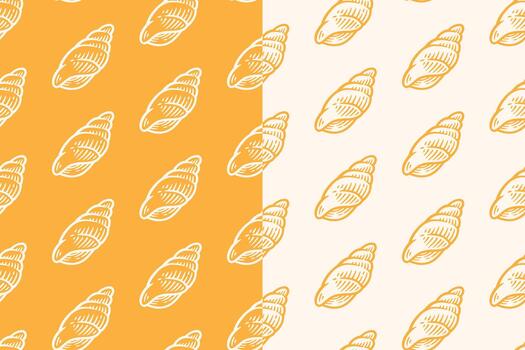Conch seashell hand drawn seamless pattern on yellow beige background for beach and nautical merchandise. Shellfish engraving doodle pattern background. Marine shell animal hatching motif wallpaper vector