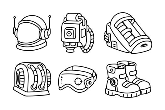 Astronaut helmet, jetpack, oxygen modules, visor, boots, generator outline icon set for galaxy. Space suit accessories line art element design pack. Cosmic mission wear and gear doodle symbol bundle. vector