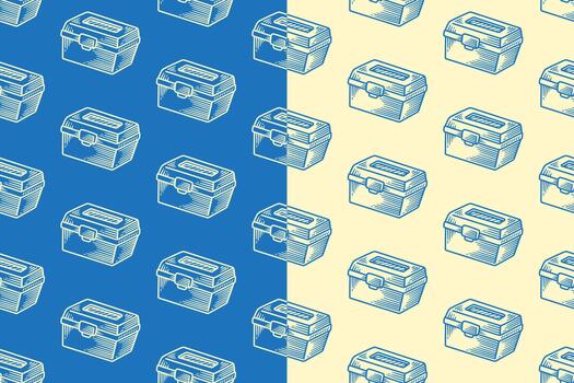 Toolbox line art seamless pattern on blue beige background for adventure merchandise. Storage box engraving doodle pattern background. Tackle and utility box illustration hatching motif wallpaper vector