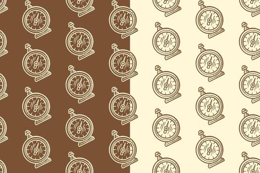 Pelorus navigation instrument engraving seamless pattern on tan beige background set for merchandise. Directional measure pelorus line art doodle pattern background. Compass hatching motif wallpaper vector