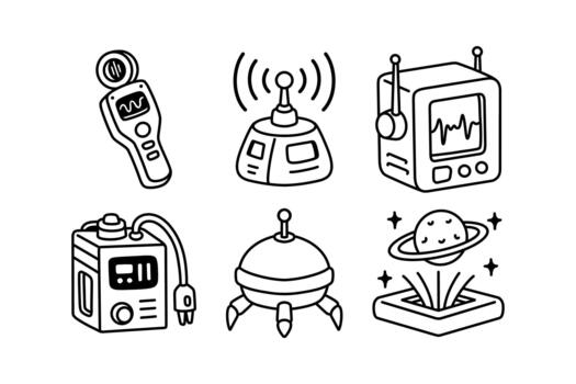 Astronaut scanner, transmitter, monitor, energy unit, robot, holographic outline icon set for galaxy. Space sci fi gadgets line art element design pack. Cosmic tech instrument doodle symbol bundle. vector