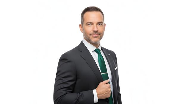 Professional businessman in dark suit with confident gaze isolated on clean white background photo