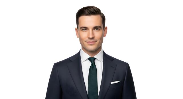 Professional businessman in dark suit with tie and pocket square on white background portrait photo