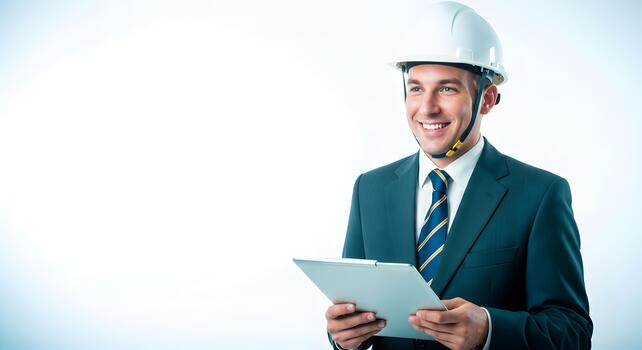 Professional Engineer Smiling Wearing Hard Hat and Suit Holding Clipboard Ready for Construction Site Management photo