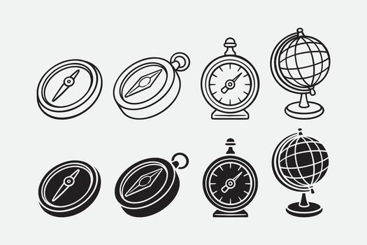 Direction compass, Magnetic compass, Pelorus, Globe world model outline icon set. Navigation and mapping instruments silhouette symbol element bundle. Adventure, outdoor, travel and exploration vector