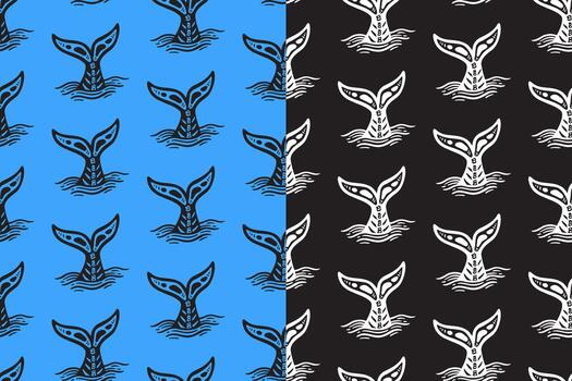 Whale tail bone engraving seamless pattern on blue black background set for merchandise. Cetacean tail line art doodle pattern background. Marine fluke and ocean tail hatching motif wallpaper vector