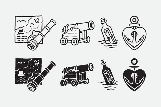 Treasure map, Telescope, Ship cannon, Message bottle, Anchor with heart outline icon set. Pirate and seafaring exploration item silhouette symbol element bundle. Adventure, nautical, marine, coastal vector