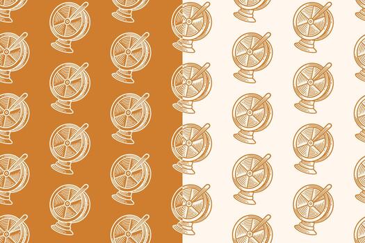 Compass globe hand drawn seamless pattern on tan beige background for explore adventure merchandise. Navigation sphere engraving doodle pattern background. Directional globe hatching motif wallpaper vector