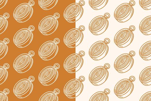 Pocket compass hand drawn seamless pattern on tan beige background for adventure merchandise. Direction compass engraving doodle pattern background. Navigation tool hatched motif wallpaper for explore vector