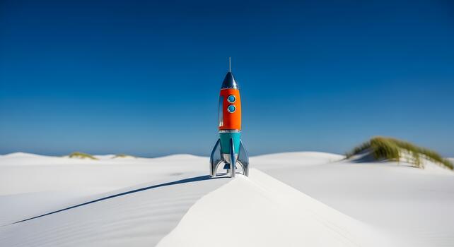 Retro rocket ship toy model on white sand dune against a clear blue sky photo