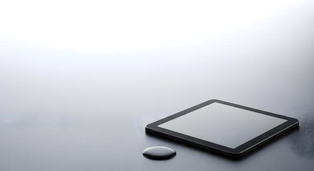 Sleek tablet computer on a clean surface with a water drop for presentation design photo