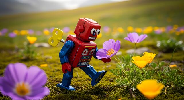 Retro Toy Robot Discovering Nature in a Field of Wildflowers in Springtime photo