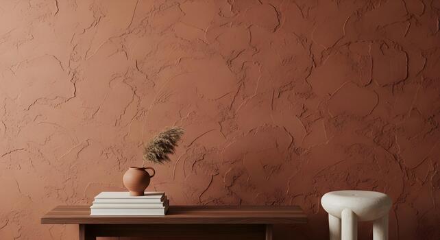Rustic textured wall in earthy tones with vase books and stool for modern living spaces photo